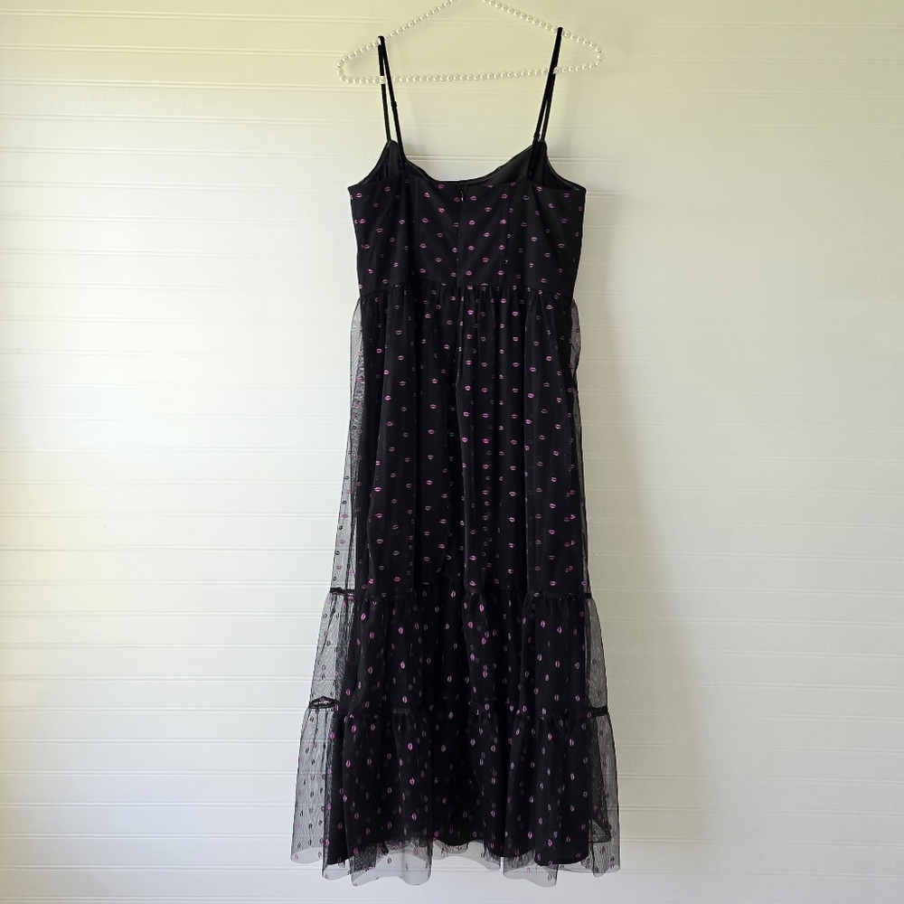 Betsey Johnson Lip Print Tiered Midi Sun Dress Raven Black 8 Sundress NWT New